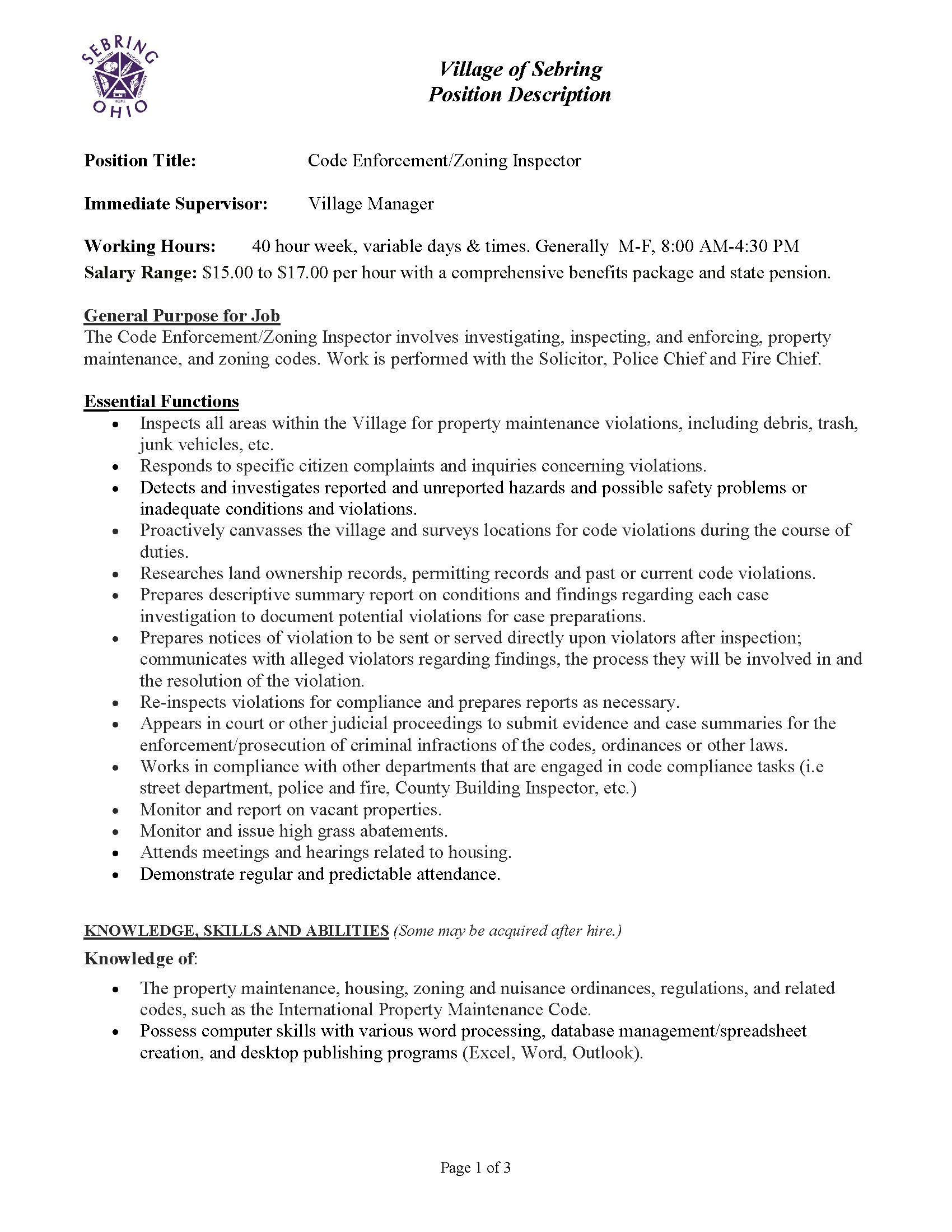 Code Enforcement Job Posting Village Of Sebring Mahoning County OH